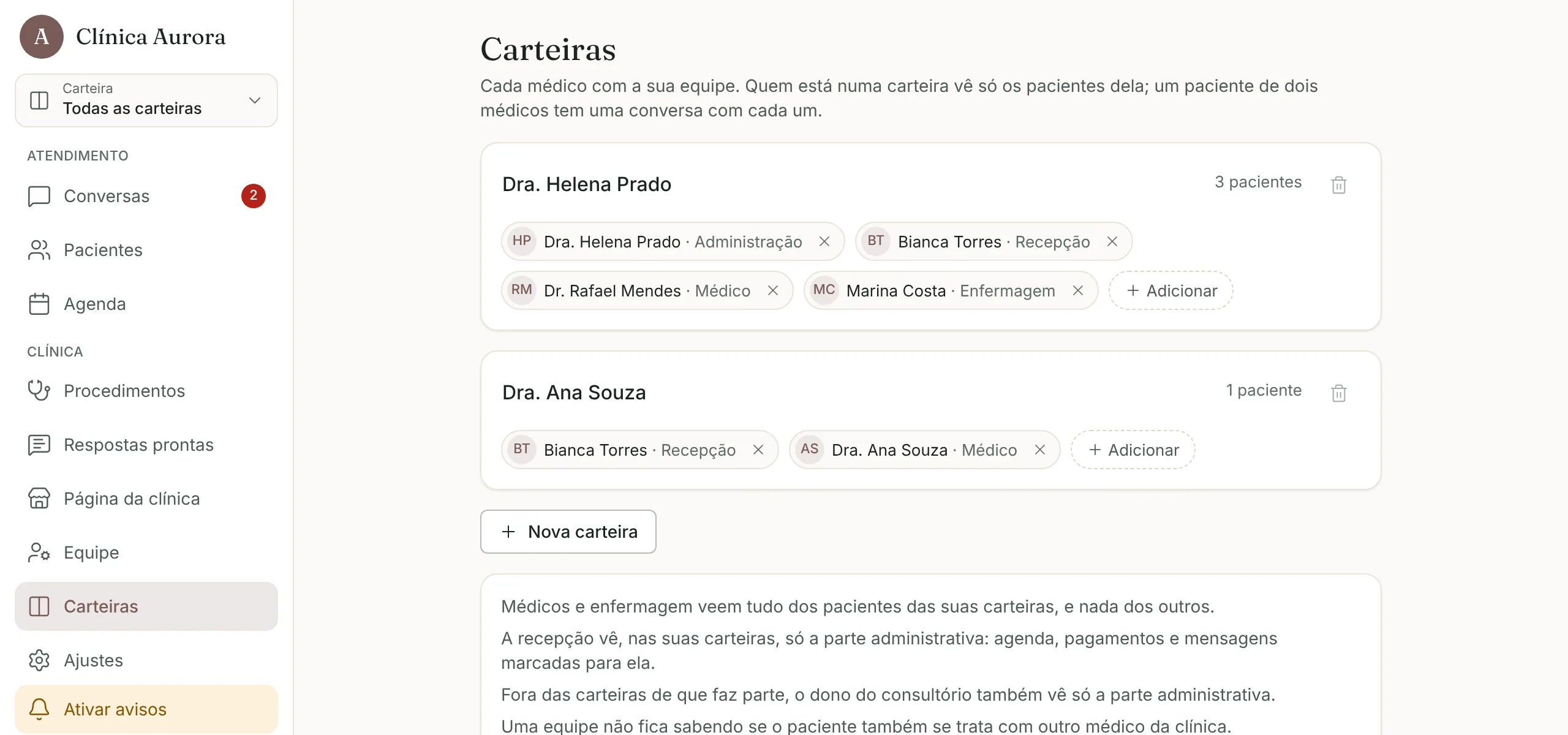 As carteiras do consultório: cada médico com a sua equipe